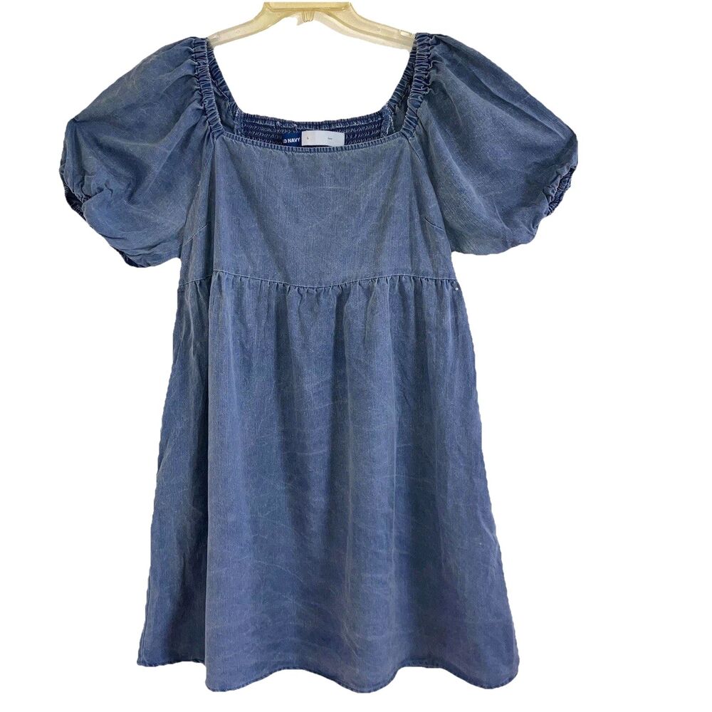 OLD NAVY L 100% Tencel Blue Demin Soft Chambray Dress Puff Sleeve Shirred Back